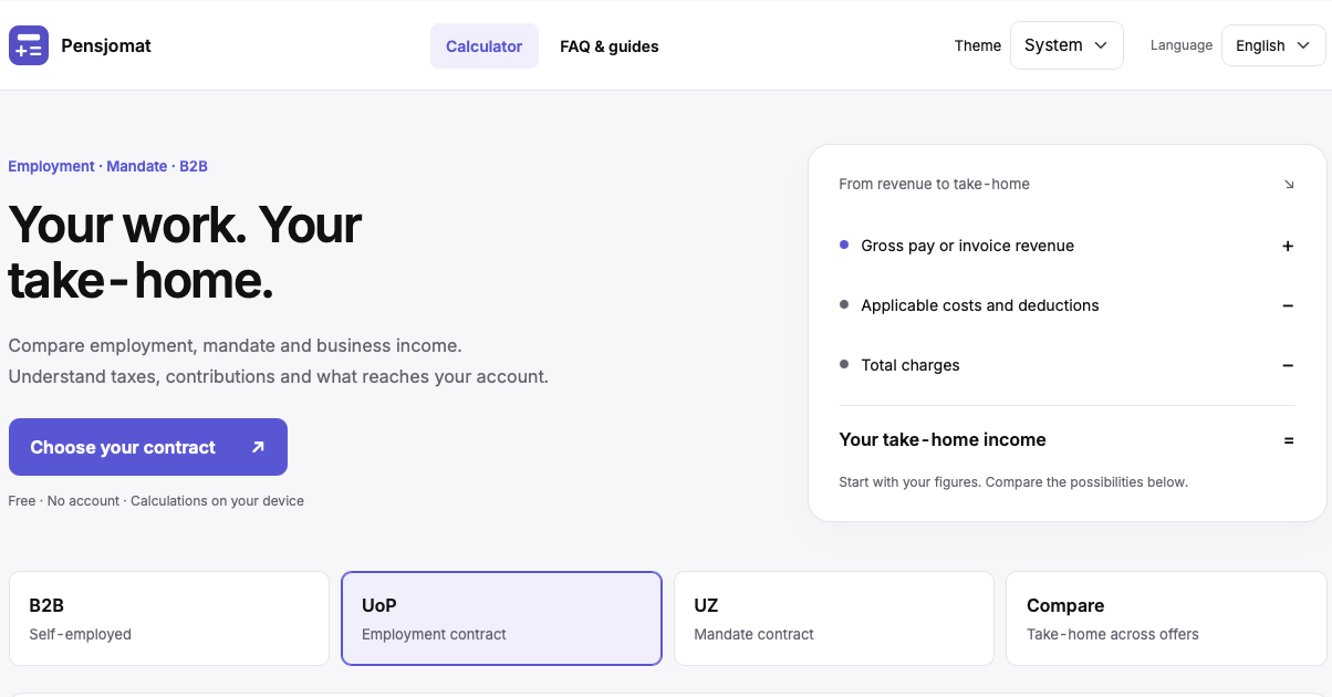 Pensjomat salary calculator and contract comparison interface